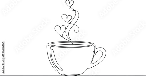 Simple continuous line vector illustration design of a steaming coffee cup with rising heart shapes symbolizing love and warmth