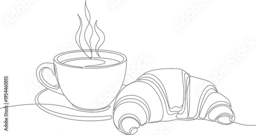 Minimalist continuous line vector illustration depicting a steaming hot cup of coffee beside a delicious fresh croissant for breakfast