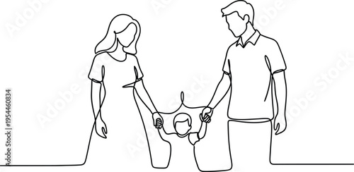 Minimalist single line continuous vector graphic illustration depicting a loving family unit holding hands with their small child safely between them