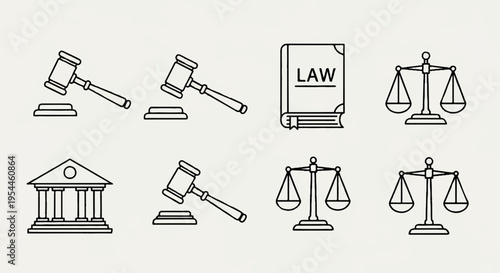 Law and justice icons set including gavel law book balance scales and courthouse symbolizing legal system and justice concept