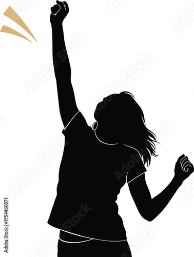 Silhouette graphic illustration of a triumphant young woman celebrating a major achievement with a raised fist and energetic pose