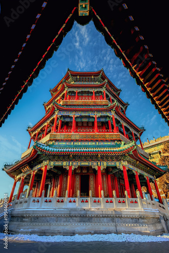 Summer Palace Pavilion, Beijing - Upward View of Traditional Chinese Architecture