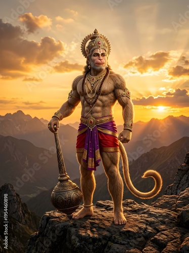 Mythical Hanuman Warrior Standing on Mountain at Sunset