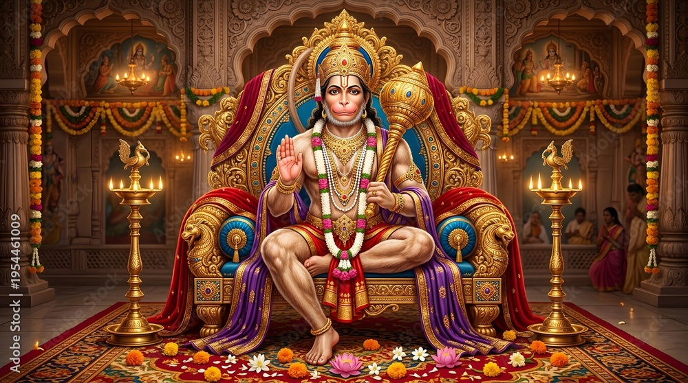 Fototapeta premium Traditional Hindu deity Hanuman seated in ornate temple setting
