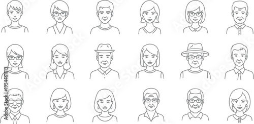 Collection of diverse minimalist line art vector avatars representing different generations of people with various facial features and hairstyles