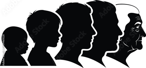 Vector graphic illustration displaying the natural progression of a single male human life from infancy through elderly age silhouettes
