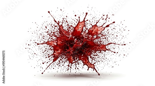 Red liquid splashing and exploding in mid-air on white background with dynamic droplets and splatters
