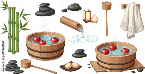 Japanese hot spring spa elements set with wooden tubs, bamboo, stones, water ladle and towels, traditional onsen relaxation vector illustration isolated on white background