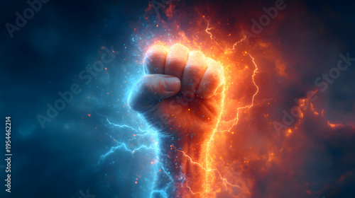 Powerful fist with energy explosion strength power concept motivation determination and success background