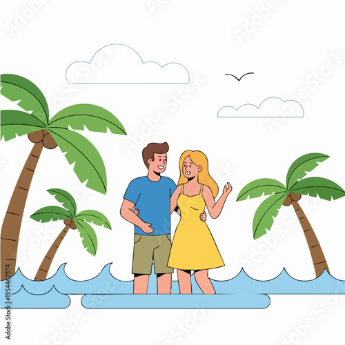 Couple enjoying a tropical beach vacation with palm trees and ocean waves.