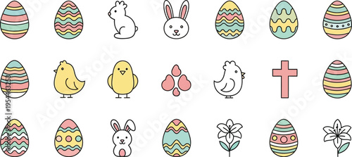 A collection of colorful and outlined icons representing Easter themes like decorated eggs, bunnies, chicks, a cross, and flowers are displayed on a white background.