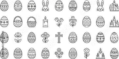 A comprehensive set of holiday line drawings for Easter includes various stylized eggs, fluffy bunnies, blooming flowers, and small religious structures.