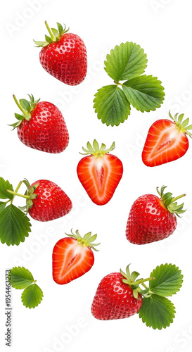 A group of strawberries and leaves are shown isolated on transparent background