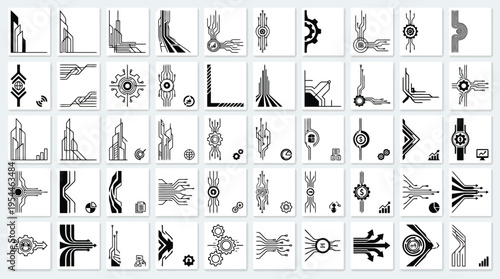 Set of 49 black and white abstract technological and circuit board design elements technology digital