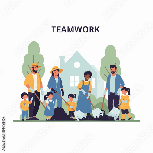 Diverse families and children working together in a garden, illustrating teamwork and community spirit.