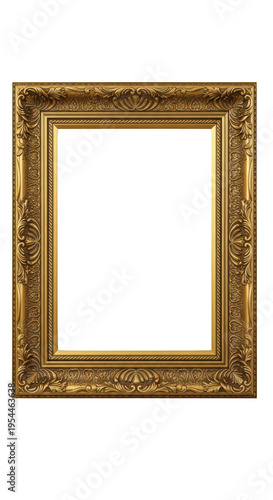 A gold picture frame with ornate designs isolated on transparent background
