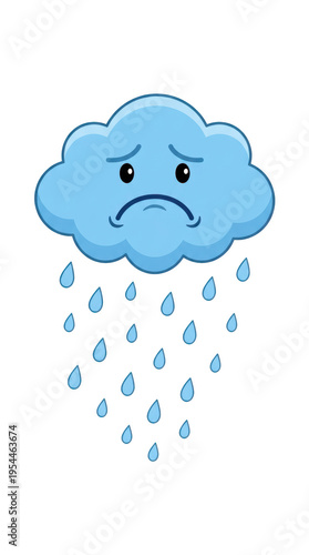 A blue cloud with a frowning face and raindrops isolated on transparent background