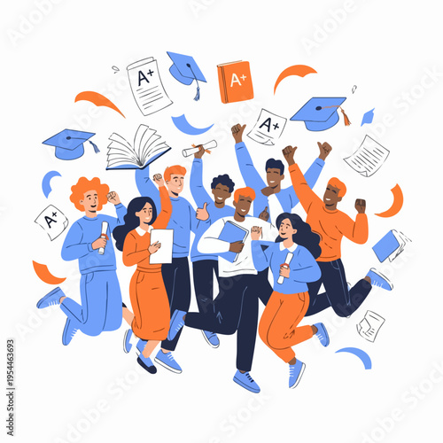 Diverse Group of Students Celebrating Graduation Success with Diplomas and A Grades.