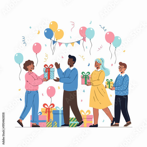 Group of Friends Exchanging Gifts at a Celebration.