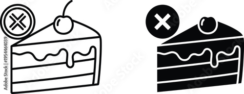 No Sugar Cake Slice Icon Set Vector - Outline and Solid Black Dessert Symbol