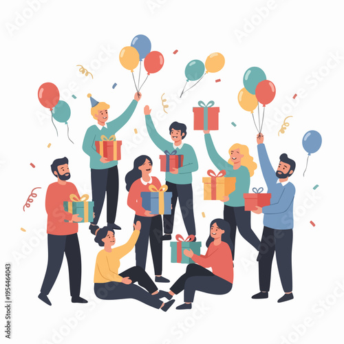 Happy People Celebrating Birthday With Gifts and Balloons.