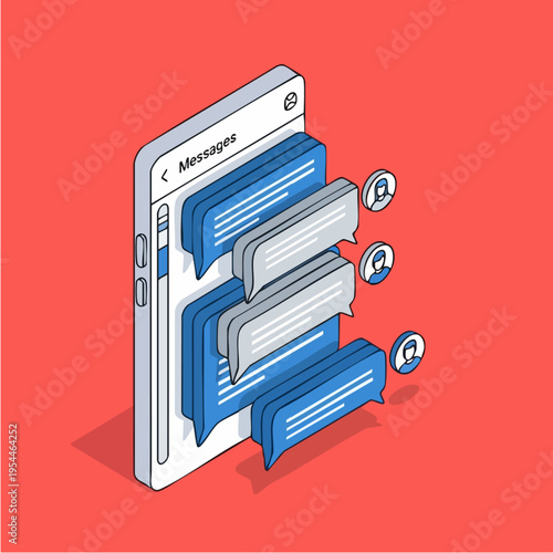 Isometric Smartphone Displaying Chat Bubbles and User Avatars.