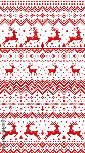 A red and white christmas pattern with reindeer and snowflakes isolated on transparent background