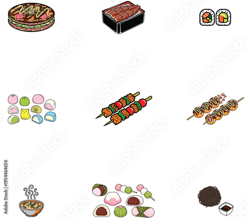 Selection of diverse hand drawn food items including savory dishes and sweet treats perfect for menu designs and culinary presentations suitable for