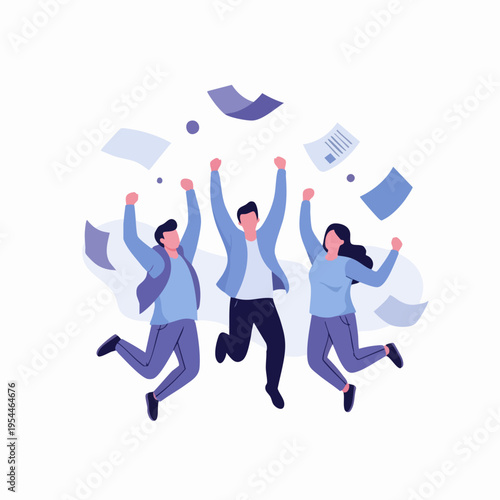 Three people jumping for joy with papers flying around them.