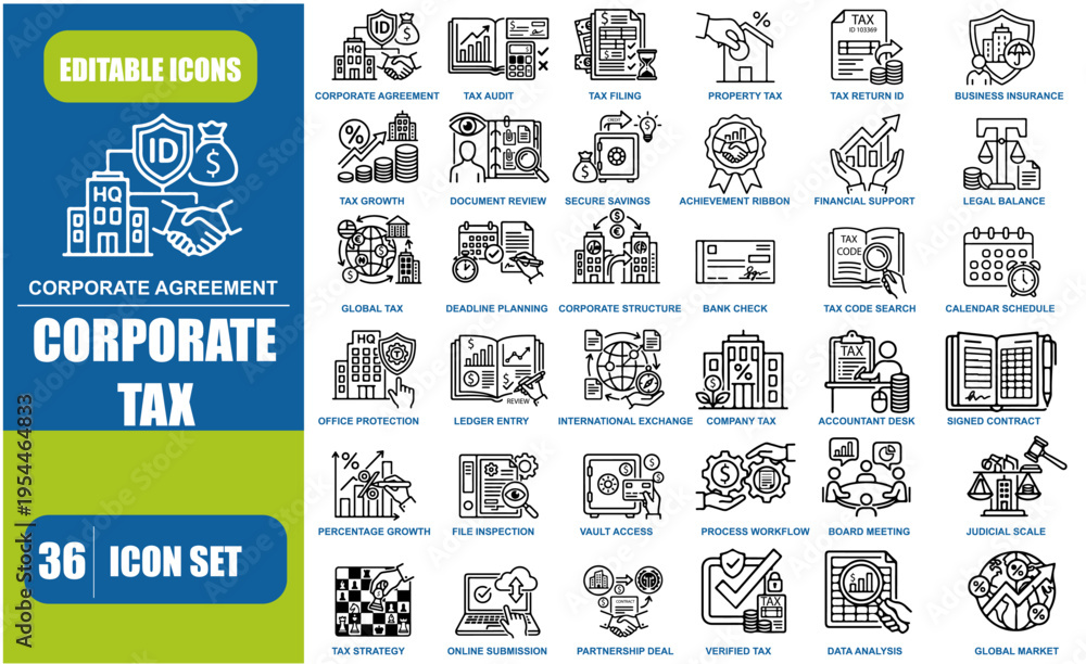 Fototapeta premium Corporate Tax and Financial Compliance Line Icon Set for Business Accounting