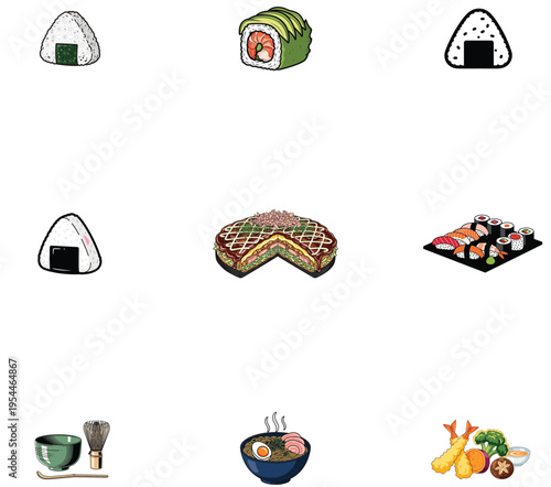 Collection of vibrant, hand-drawn Japanese food icons featuring onigiri, sushi rolls, ramen, and tempura set against a clean white background, perfect for culinary blogs.