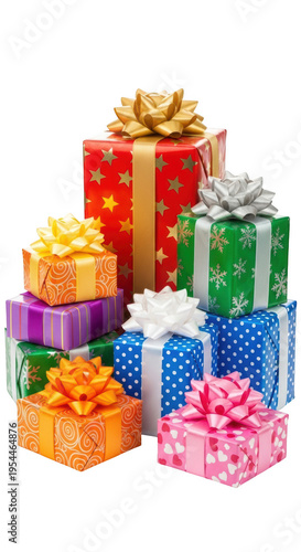 A pile of colorful wrapped presents with bows isolated on transparent background