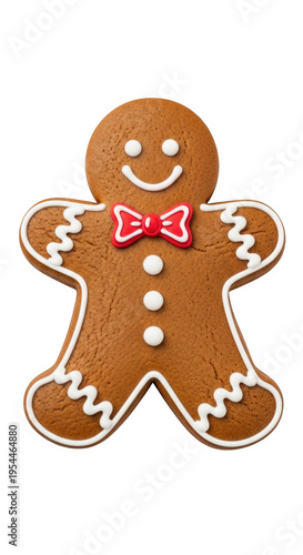 A gingerbread man with a red bow tie and white icing details isolated on transparent background