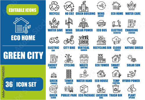 Eco-Friendly Green City and Sustainable Living Line Icon Set
