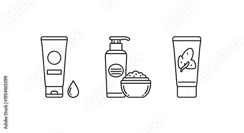 Linear cosmetic product icons with a drop and botanical motif silhouette