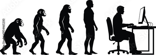Human evolution to modern office worker silhouette monkey to man progression computer work concept isolated black figures illustration