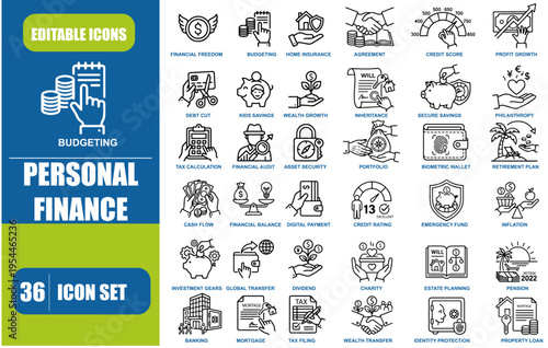 Personal Finance and Financial Literacy Icon Set with Human Hands Concepts, Thin Line Style on White Background
