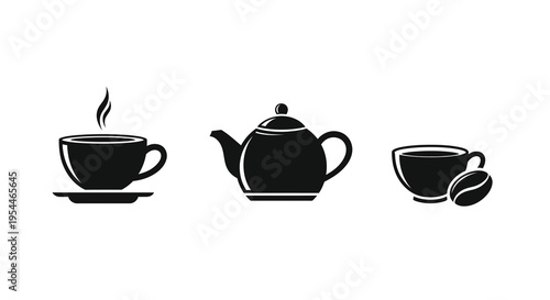 Black and white tea and coffee set with steam a bold silhouette