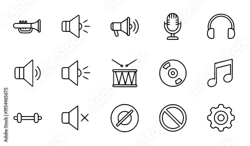 Thin line music and audio icon set with microphone headphones speaker volume and sound control symbols