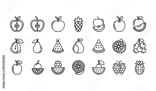 Creative thin line fruit icon set with sliced and whole fruits in hand drawn style illustration