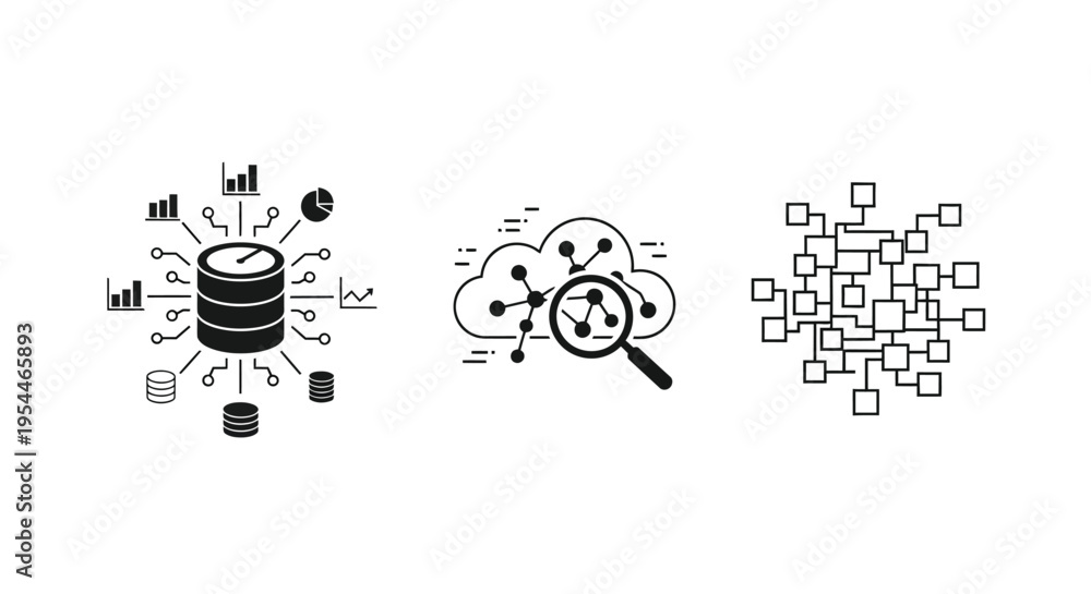 Fototapeta premium Data analysis and cloud computing icons presented as a silhouette