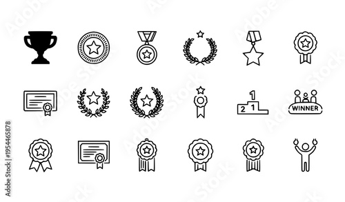 Creative thin line award icon set with trophy medal laurel ribbon and victory achievement illustrations