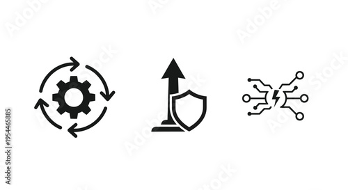 Technology icons depicting process security and network connectivity silhouette