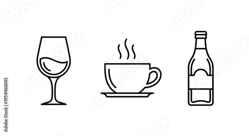 Line art depiction of wine coffee and a bottle silhouette