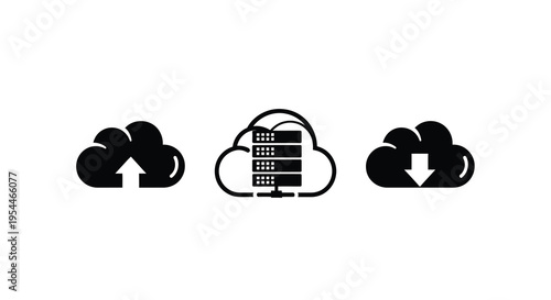 Three cloud icons with upload and download arrows black silhouette