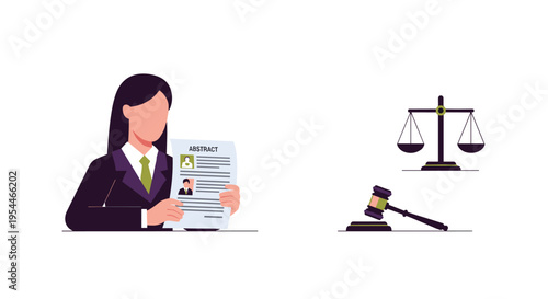 A woman in a suit holds an abstract document, leading to legal and environmental icons, scales of justice, and a gavel.