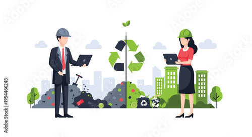 A split illustration contrasts a man with a laptop and garbage in a grey cityscape against a woman with a laptop and recycling in a green cityscape.