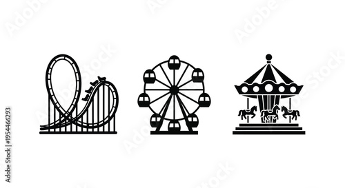 Amusement park icons featuring a roller coaster ferris wheel and carousel silhouette