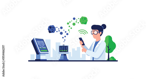 A scientist in a lab coat and goggles uses a smartphone to interact with two scientific devices emitting blue and green particles.