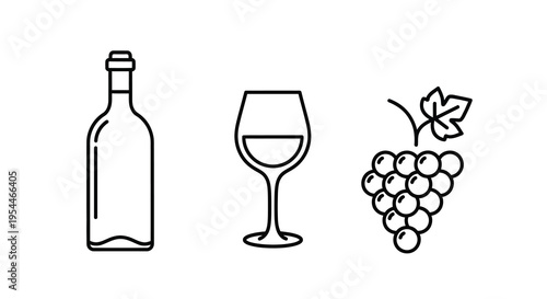 Wine bottle glass and grapes depicted in a simple line silhouette
